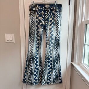 Free People Blue and White Flare Jeans
